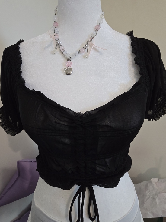 Garage Tops - Garage Black Sheer Mesh Ruched Milkmaid Crop Top XS Whimsigoth Puff Sleeve